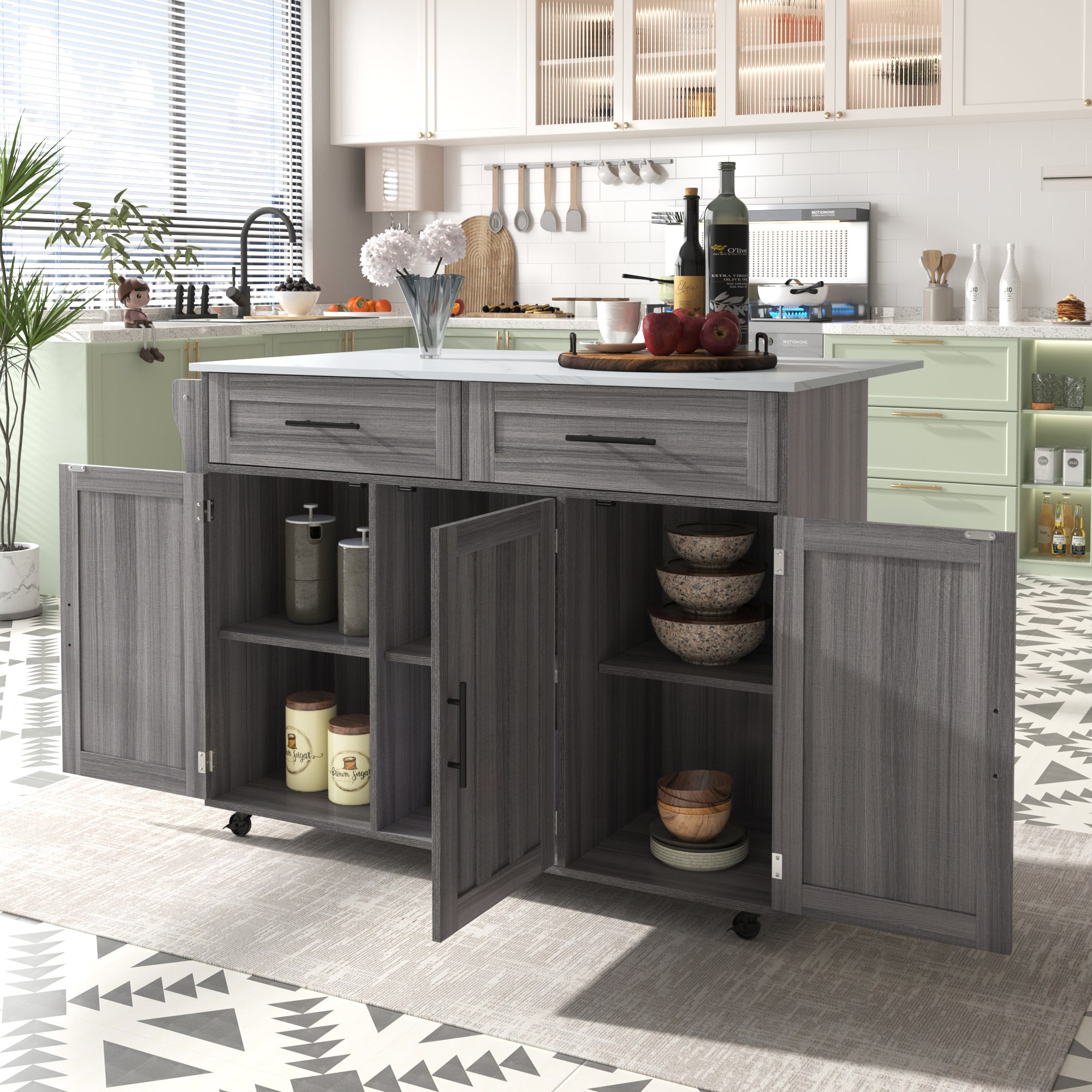 🚪 5-Wheel Kitchen Trolley – Khaki Grey Wood & Marble Top | 129 x 71 x 91.5 cm