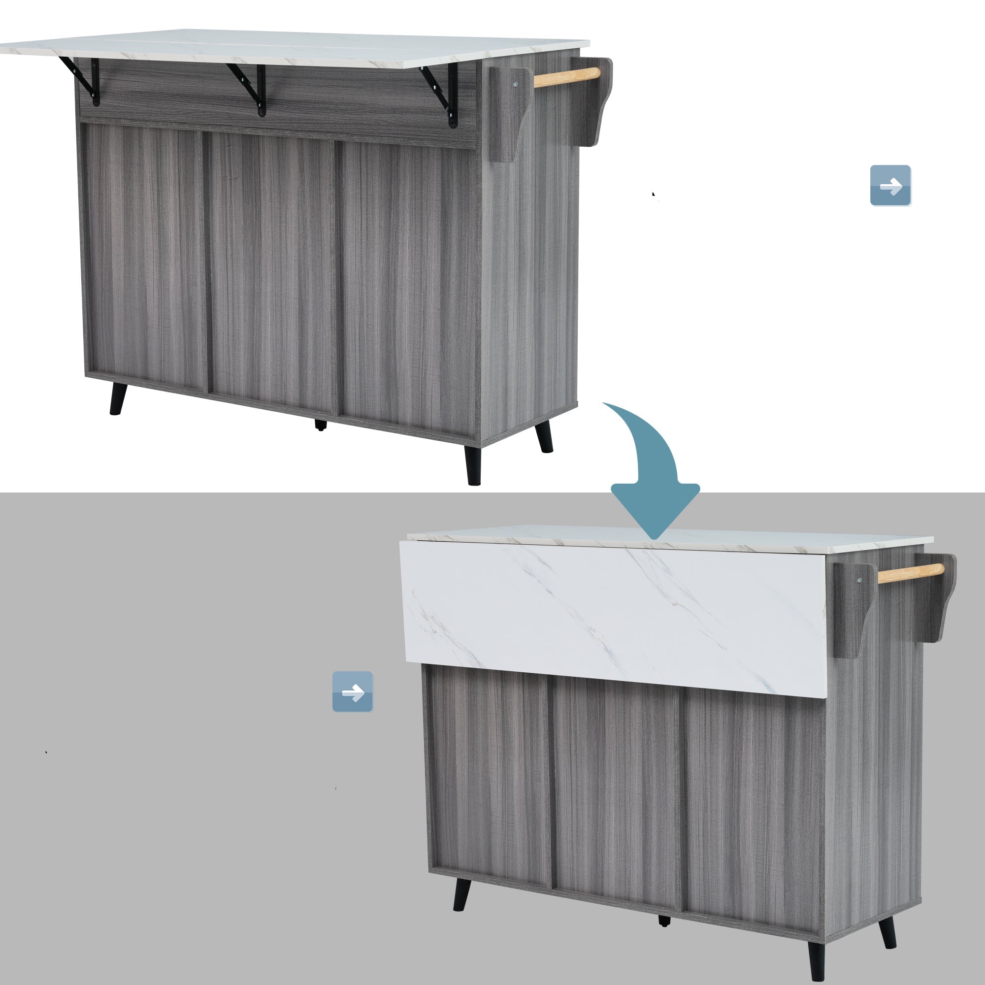 🚪 5-Wheel Kitchen Trolley – Khaki Grey Wood & Marble Top | 129 x 71 x 91.5 cm