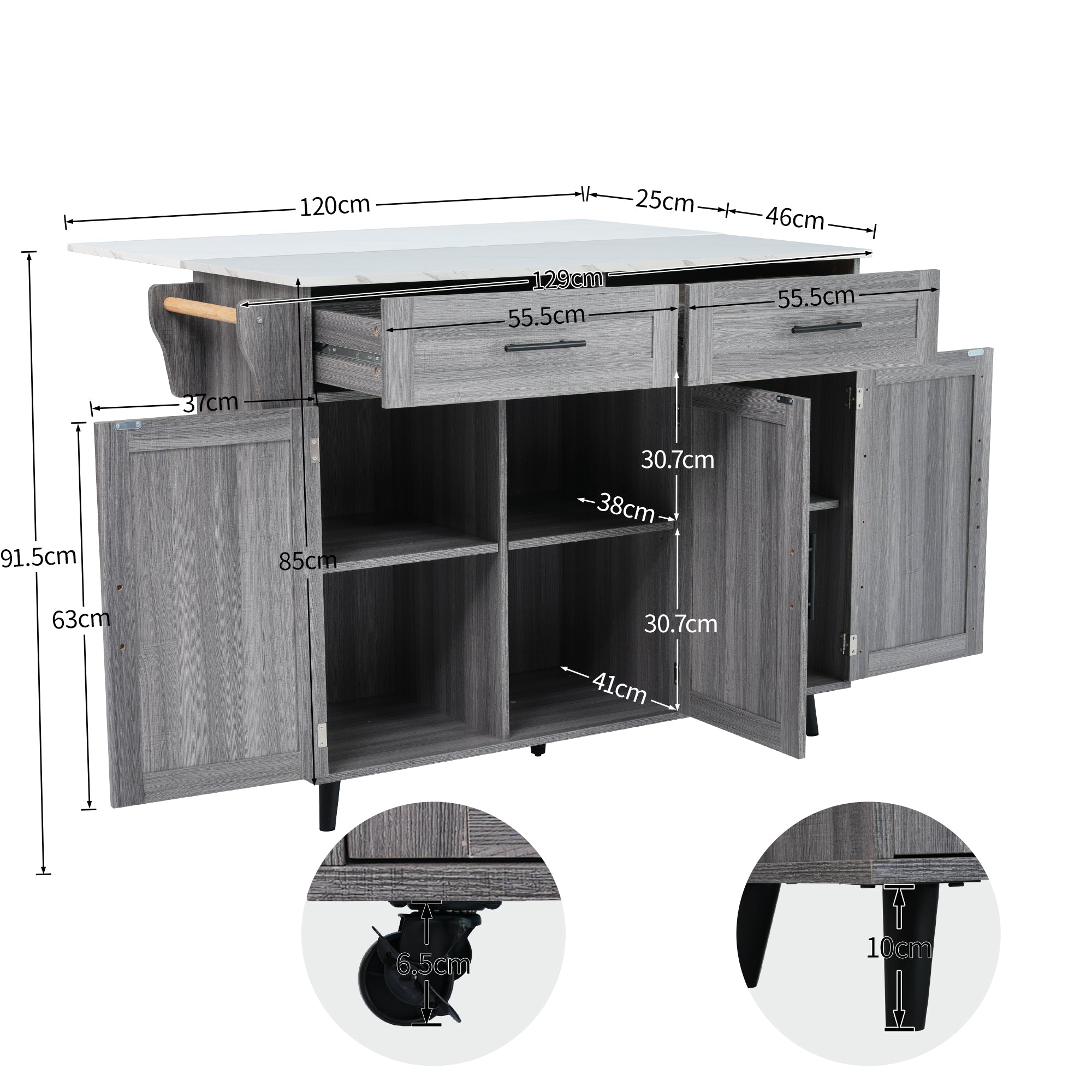 🚪 5-Wheel Kitchen Trolley – Khaki Grey Wood & Marble Top | 129 x 71 x 91.5 cm