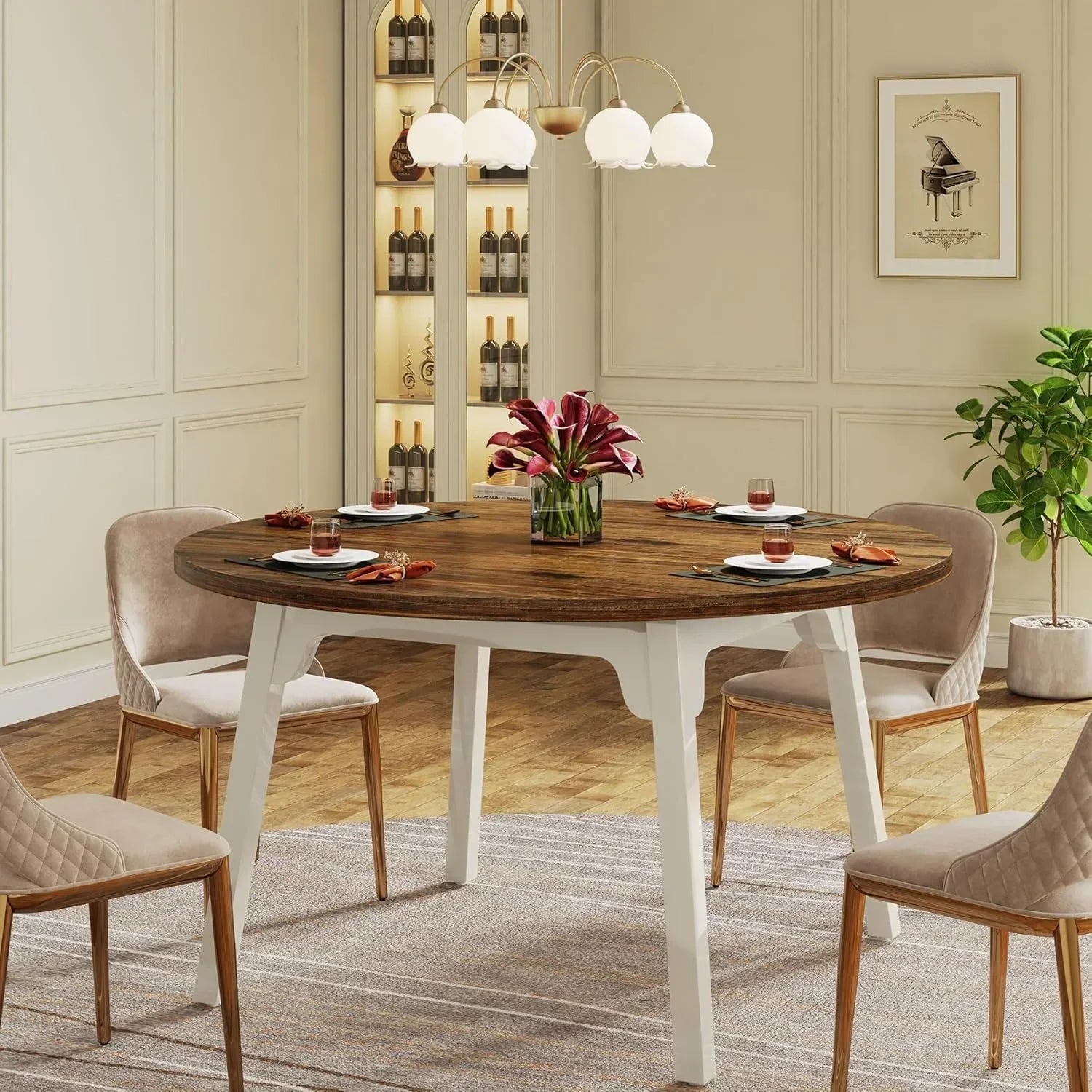 🍽️ Round Dining Table – Seats 4 to 6 | Solid Wood Legs | Vintage and Elegant Design