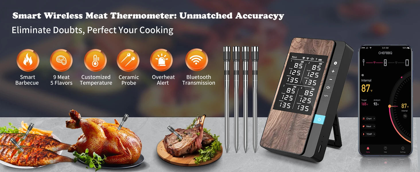 Wireless Meat Thermometer with App – Dual Probe Bluetooth BBQ & Oven Thermometer, Rechargeable, IP67, 150m Range