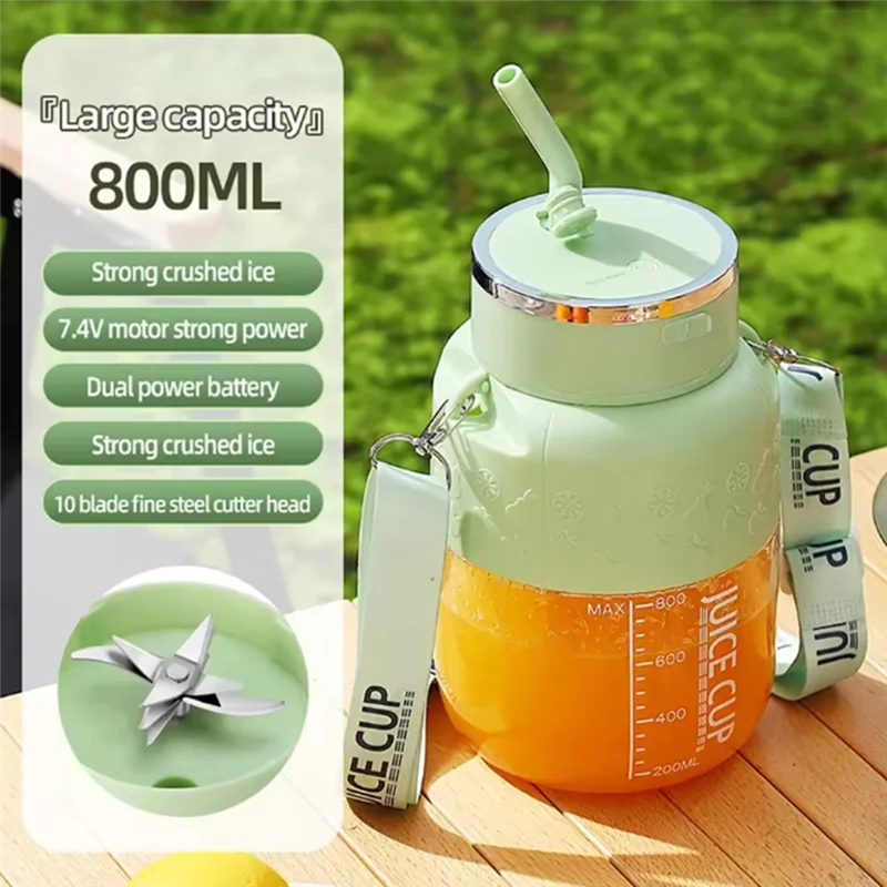 800ml Wireless Portable Electric Juicer Cup – 10 Stainless Steel Blades | USB Rechargeable Fruit Smoothie Blender with Straw & Lanyard