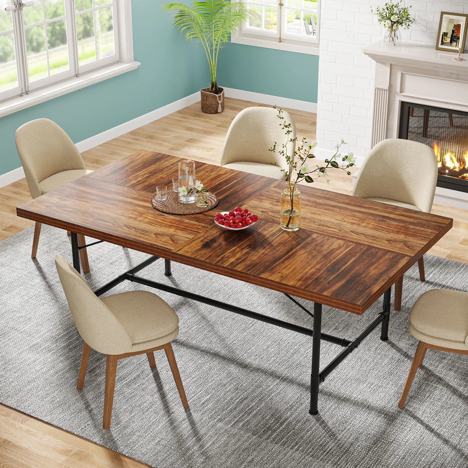 Wooden dining table with metal frame