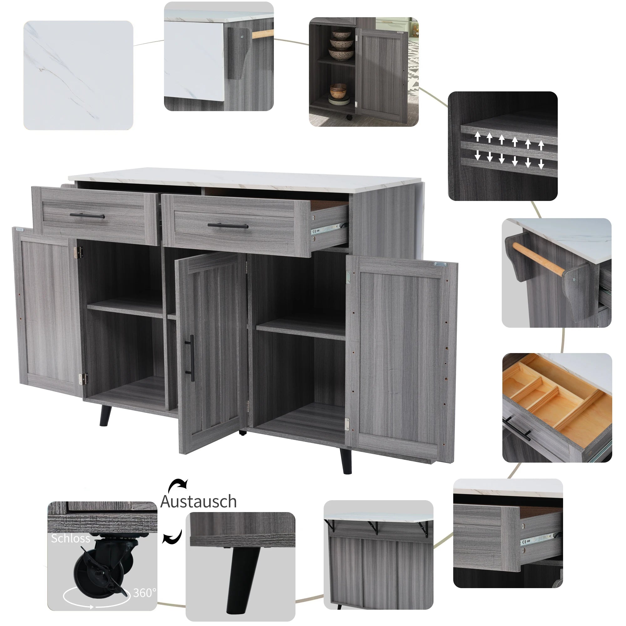 🚪 5-Wheel Kitchen Trolley – Khaki Grey Wood & Marble Top | 129 x 71 x 91.5 cm