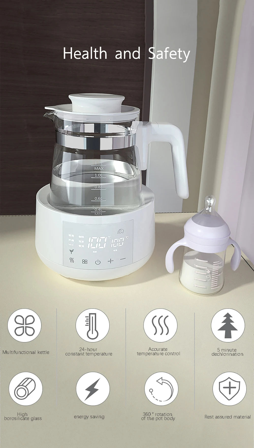 🍼 1.2L Smart Baby Kettle – 24H Thermostat Milk Warmer with Precise Temperature Control | 316L Stainless Steel