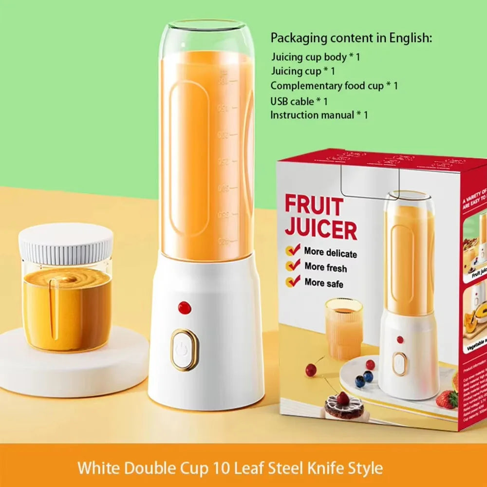 Portable Wireless Blender with Double Cups – 10-Blade High-Speed Juicer | 450ml | Rechargeable, Ice-Crushing, Baby Food & Smoothie Maker | White