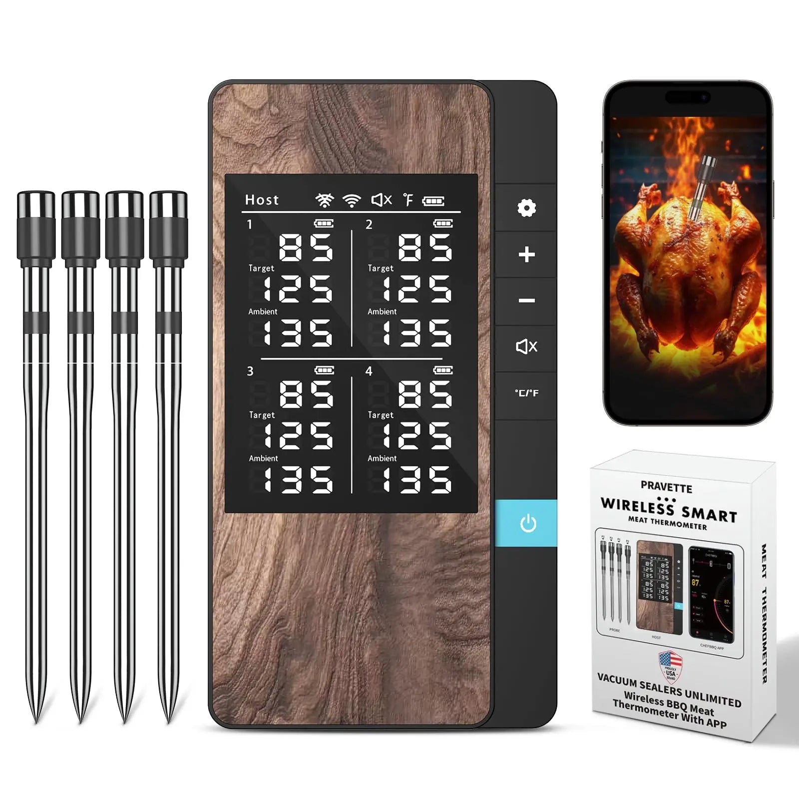 Wireless Meat Thermometer with App – Dual Probe Bluetooth BBQ & Oven Thermometer, Rechargeable, IP67, 150m Range
