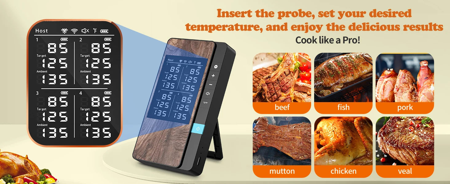 Wireless Meat Thermometer with App – Dual Probe Bluetooth BBQ & Oven Thermometer, Rechargeable, IP67, 150m Range
