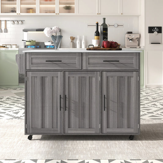 🚪 5-Wheel Kitchen Trolley – Khaki Grey Wood & Marble Top | 129 x 71 x 91.5 cm