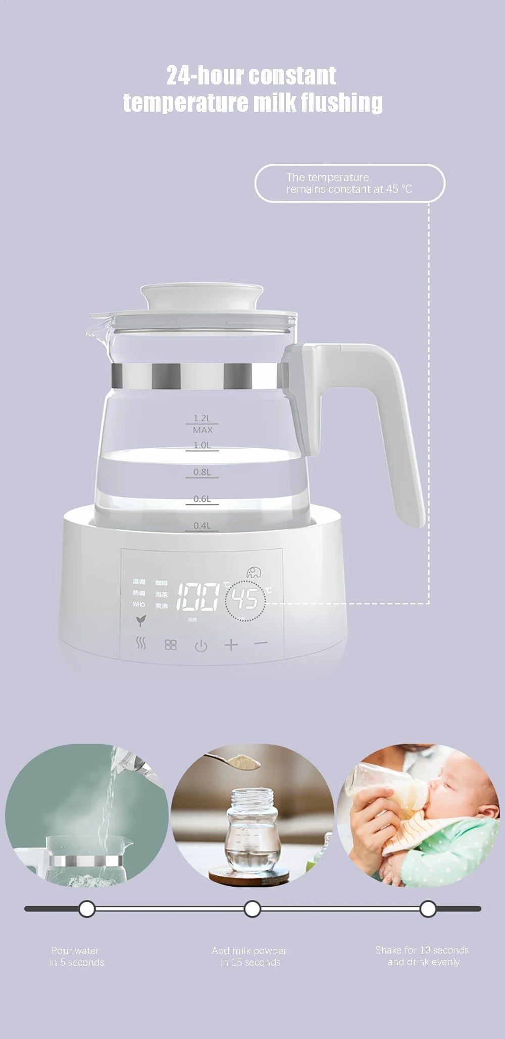 🍼 1.2L Smart Baby Kettle – 24H Thermostat Milk Warmer with Precise Temperature Control | 316L Stainless Steel