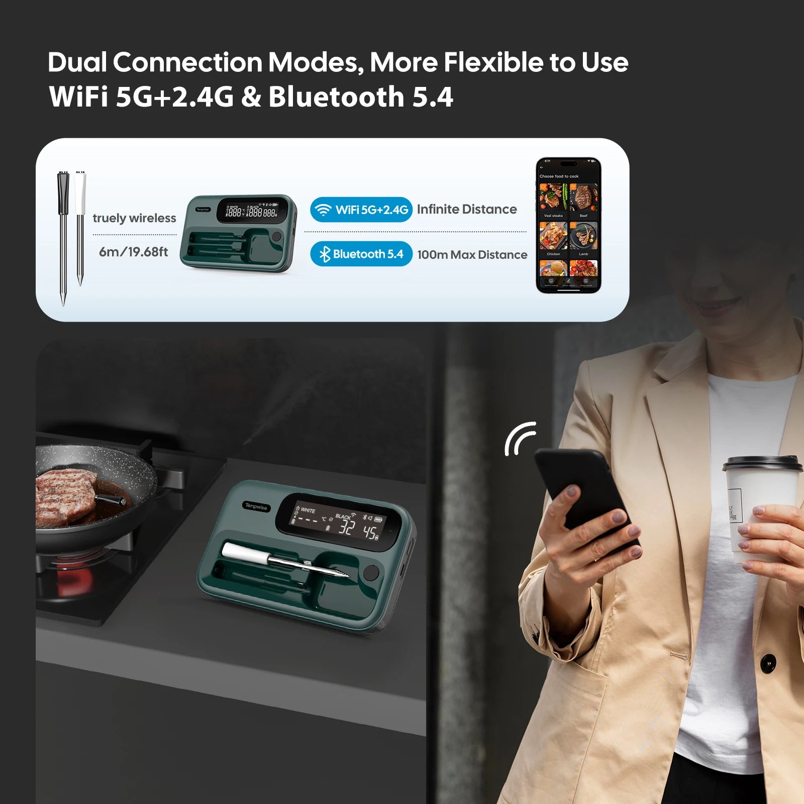 Smart WiFi & Bluetooth Meat Thermometer – Dual Probe Wireless BBQ Food Thermometer | Fast Response, Rechargeable, IP67, 100m Range