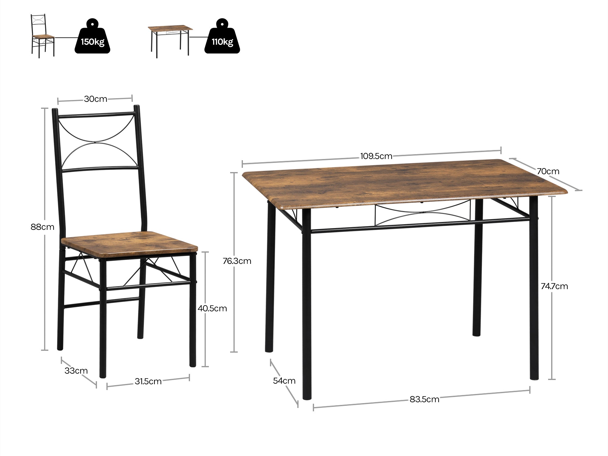 🍽️ Industrial Dining Table Set with 4 Chairs – 110 x 76 x 70 cm