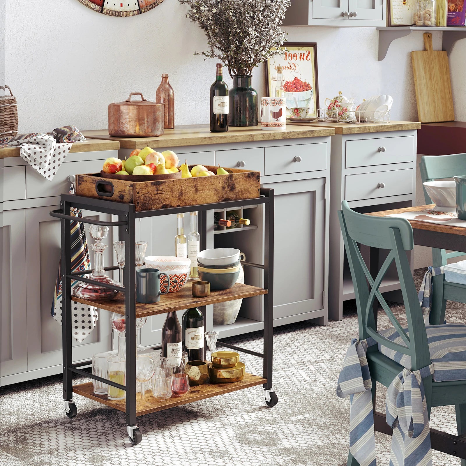 Industrial Style Rolling Kitchen Trolley with Removable Tray | 40 x 72 x 86 cm