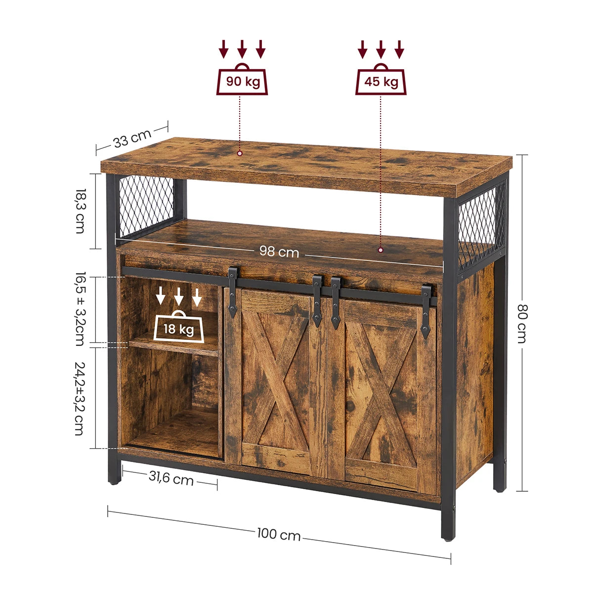 🏡 Kitchen Sideboard with 2 Sliding Doors | 100 x 33 x 80 cm – Rustic Industrial Style