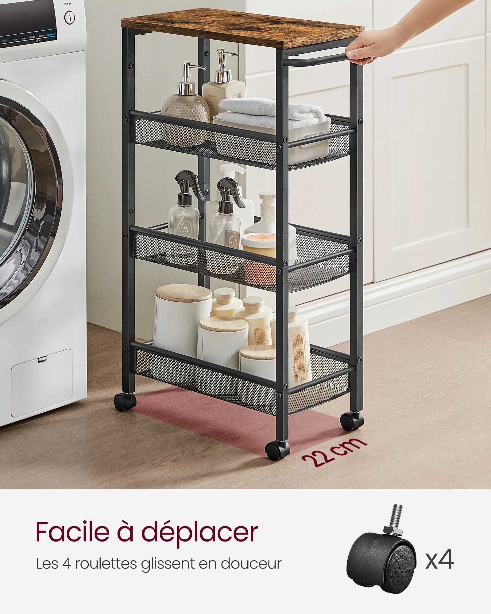 Industrial Style 4-Tier Kitchen Trolley with Wheels | 22 x 45.4 x 77 cm