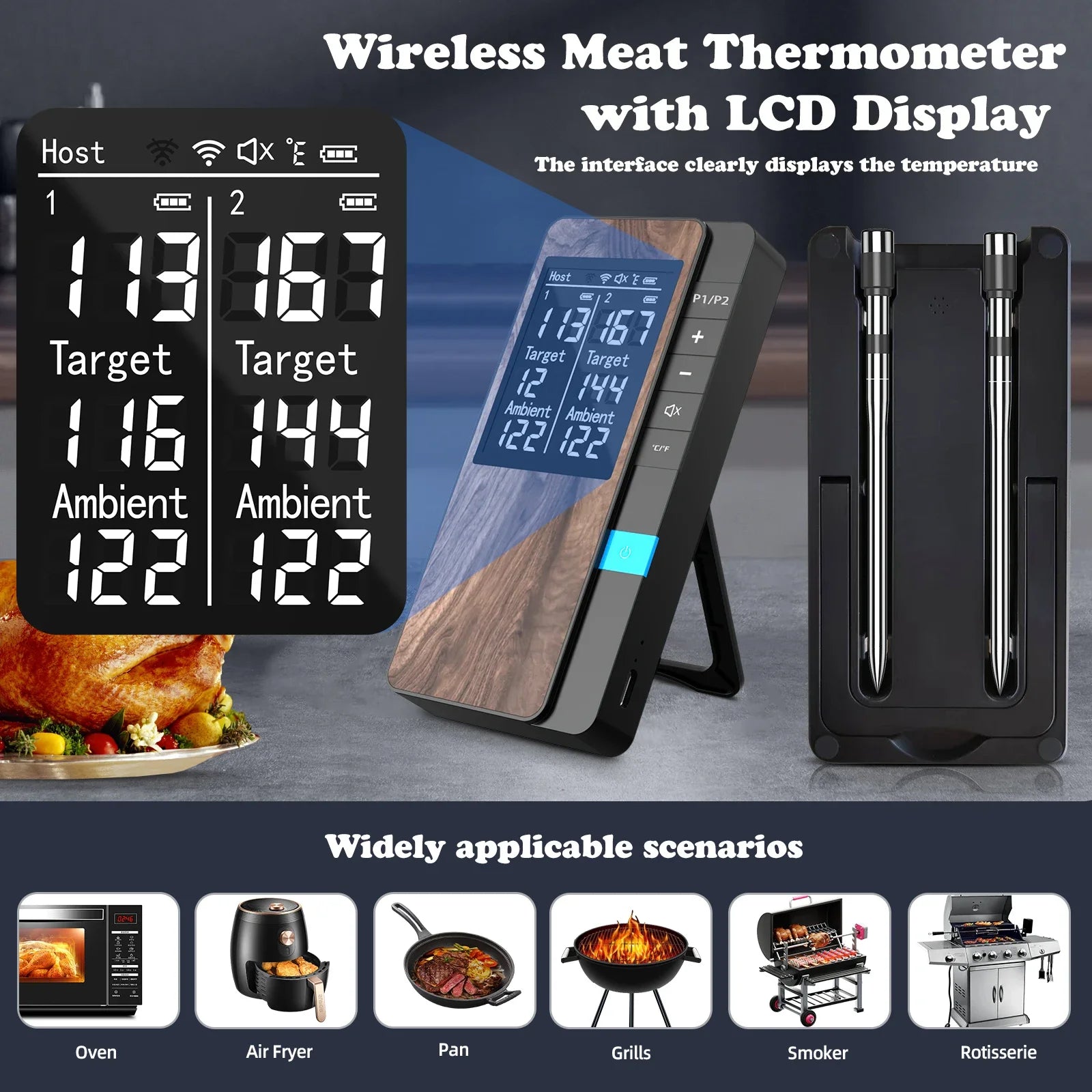 Wireless Meat Thermometer with App – Dual Probe Bluetooth BBQ & Oven Thermometer, Rechargeable, IP67, 150m Range
