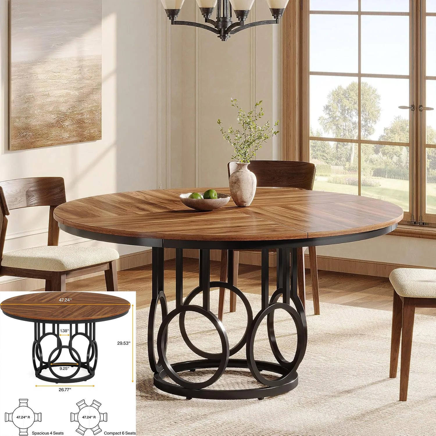 🍽️ Round Dining Table – Seats 4 to 6 | Solid Wood Legs | Vintage and Elegant Design