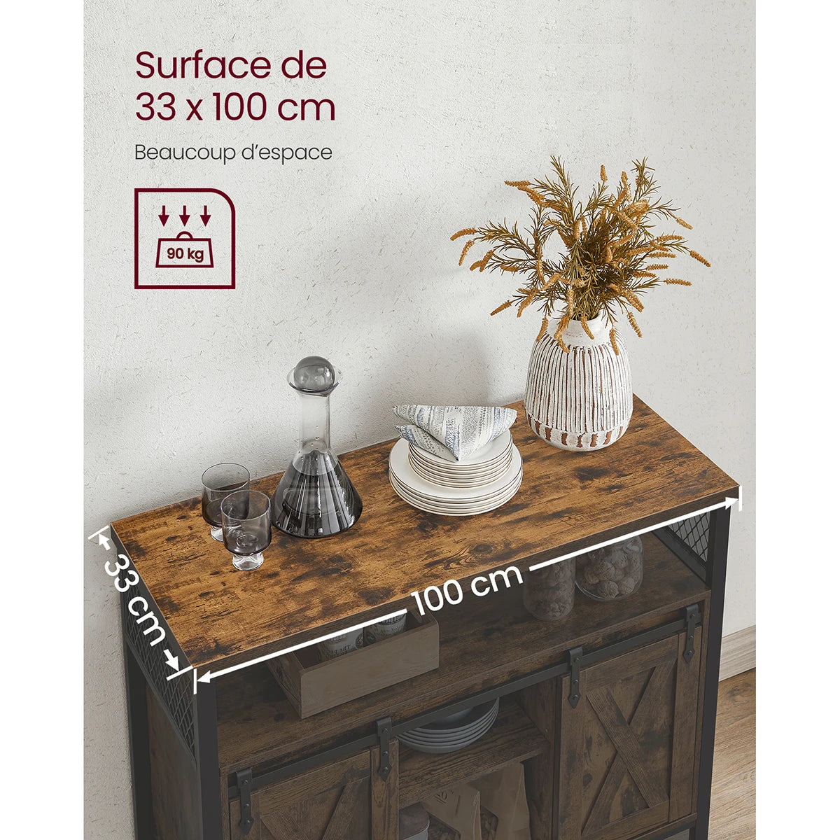 🏡 Kitchen Sideboard with 2 Sliding Doors | 100 x 33 x 80 cm – Rustic Industrial Style