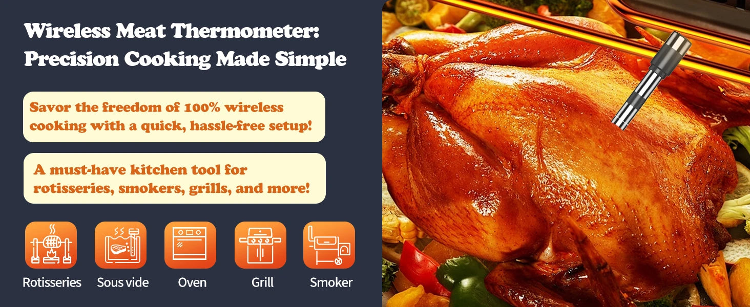 Wireless Meat Thermometer with App – Dual Probe Bluetooth BBQ & Oven Thermometer, Rechargeable, IP67, 150m Range