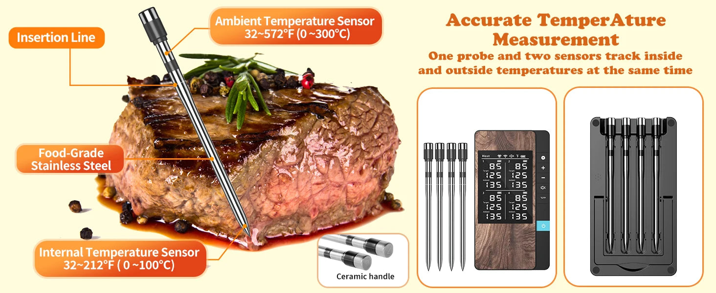 Wireless Meat Thermometer with App – Dual Probe Bluetooth BBQ & Oven Thermometer, Rechargeable, IP67, 150m Range