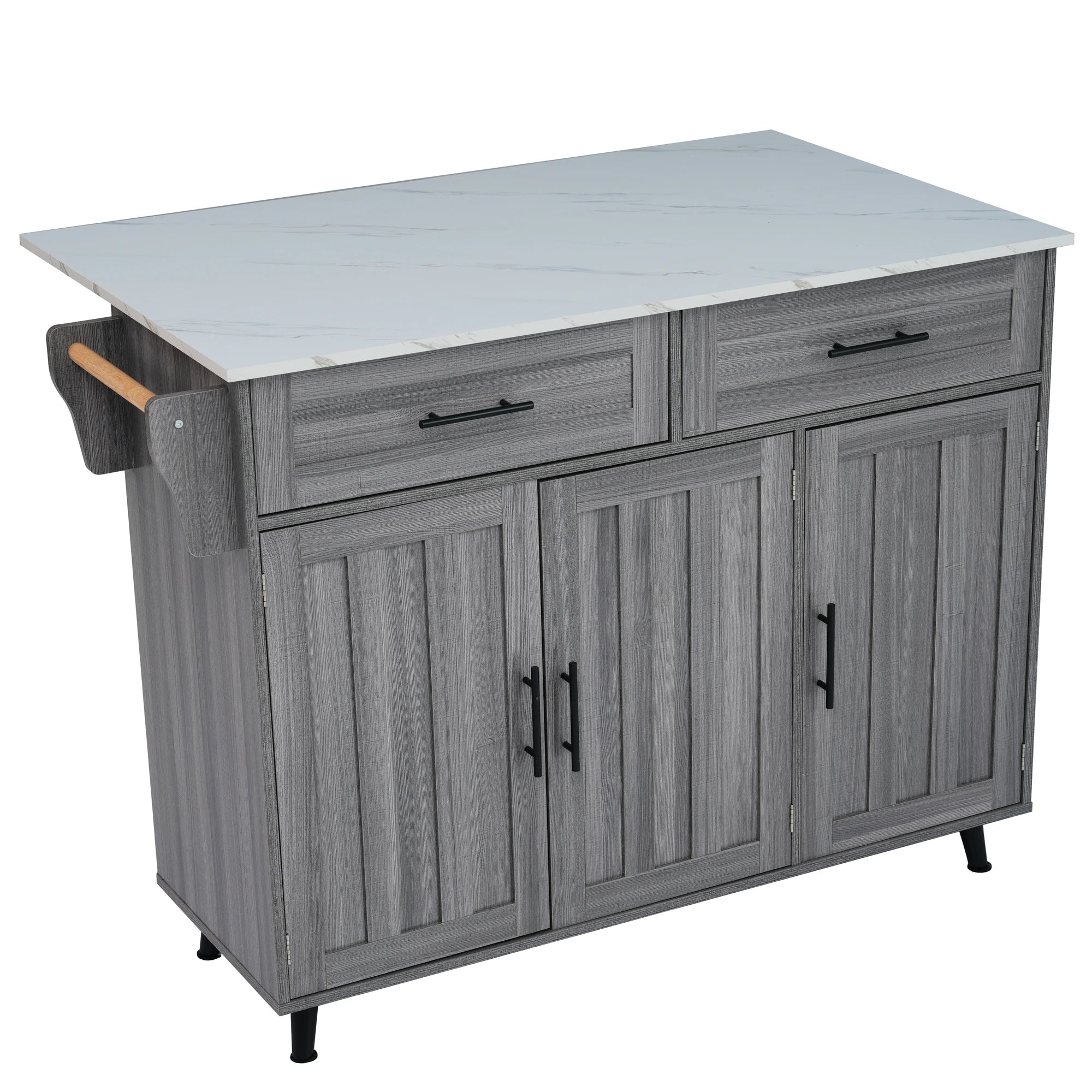 🚪 5-Wheel Kitchen Trolley – Khaki Grey Wood & Marble Top | 129 x 71 x 91.5 cm