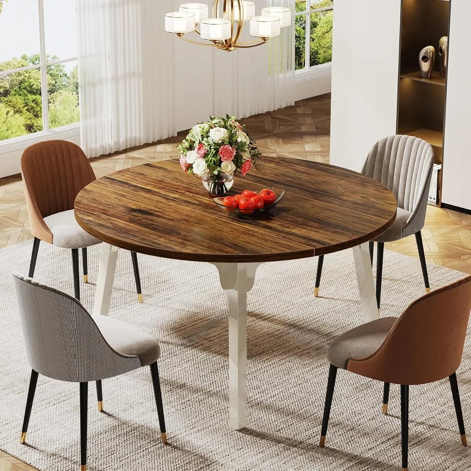 🍽️ Round Dining Table – Seats 4 to 6 | Solid Wood Legs | Vintage and Elegant Design