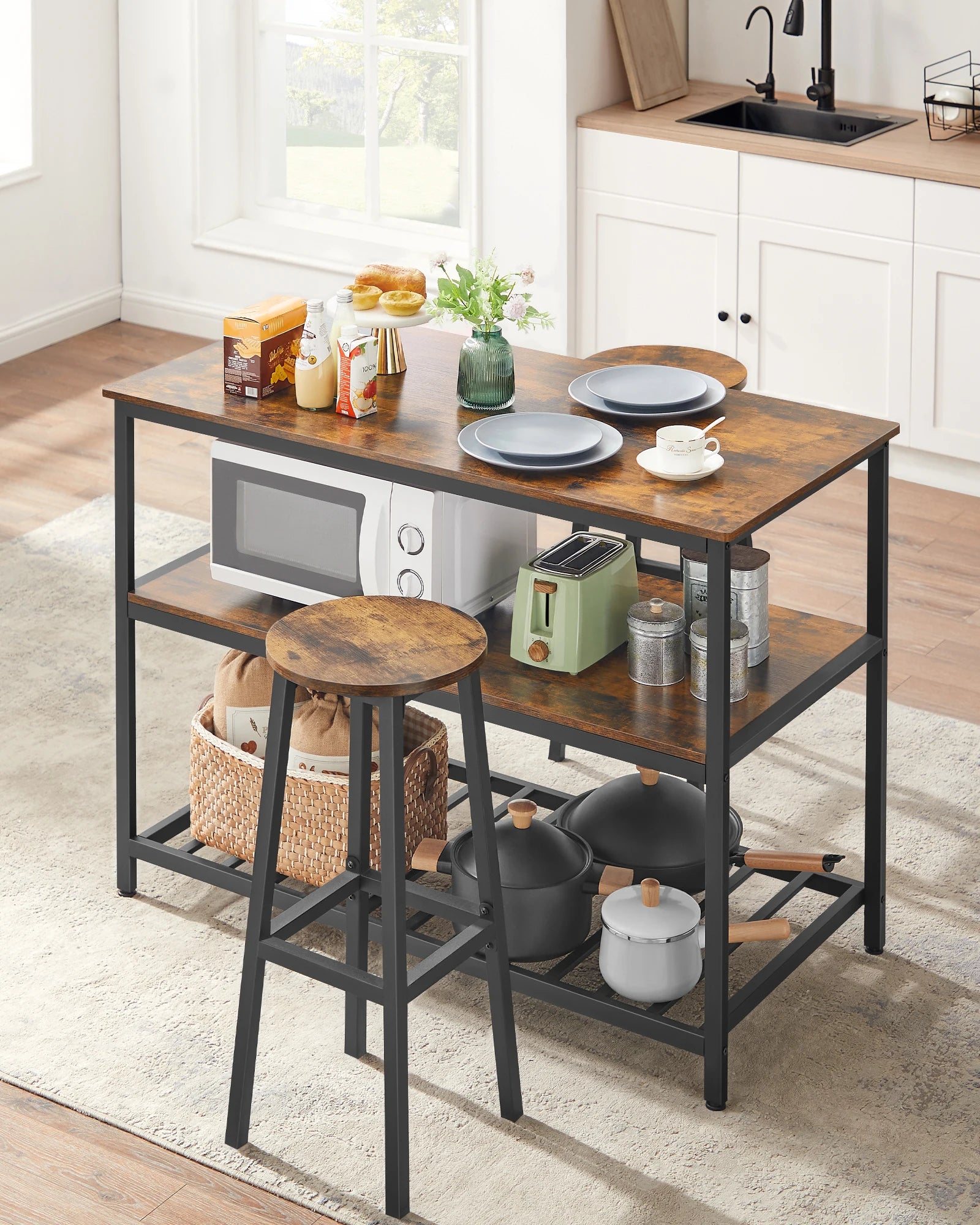 🍴 Rustic Industrial Kitchen Island – 3 Storage Tiers | 120 x 60 x 90 cm