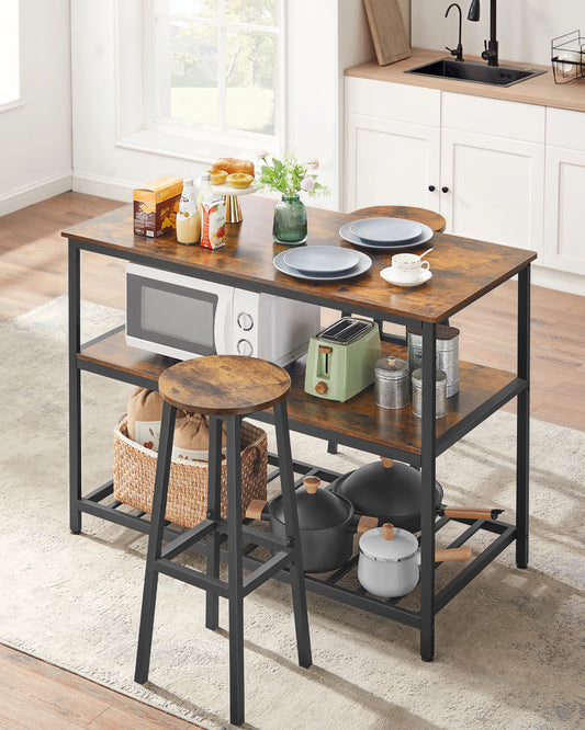 🍴 Rustic Industrial Kitchen Island – 3 Storage Tiers | 120 x 60 x 90 cm