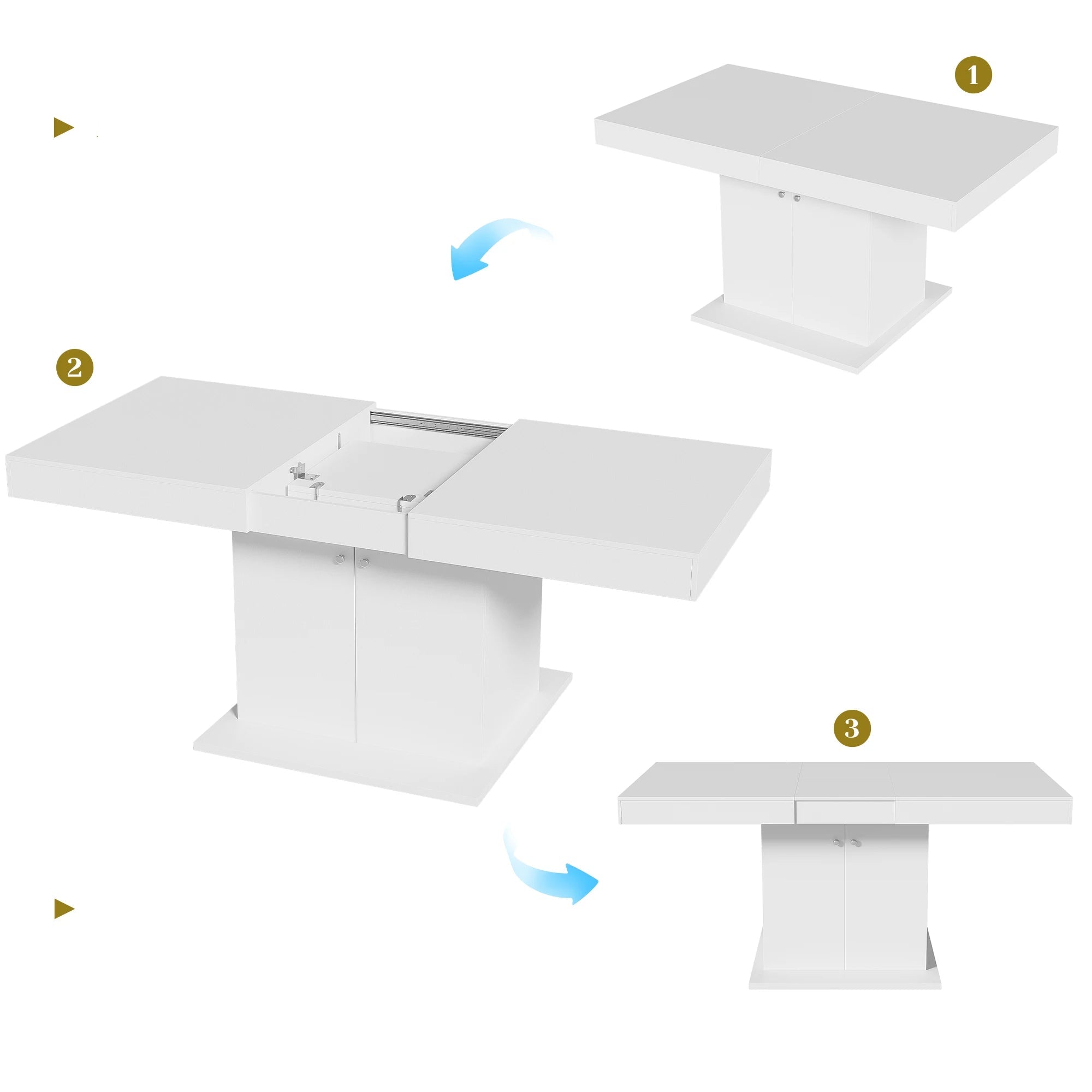 White extendable dining table with storage cupboard