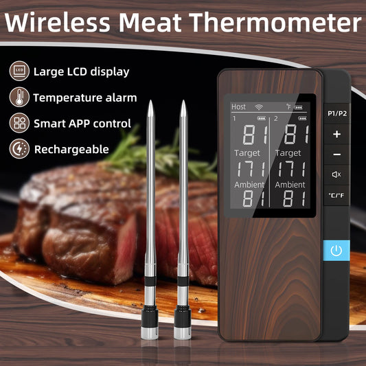 Wireless Meat Thermometer with App – Dual Probe Bluetooth BBQ & Oven Thermometer, Rechargeable, IP67, 150m Range