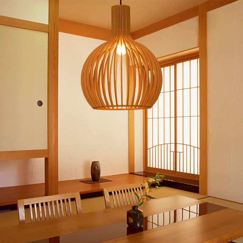Japanese wooden art birdcage restaurant chandelier retro new Chinese lantern homestay Zen inspired bedside lamp