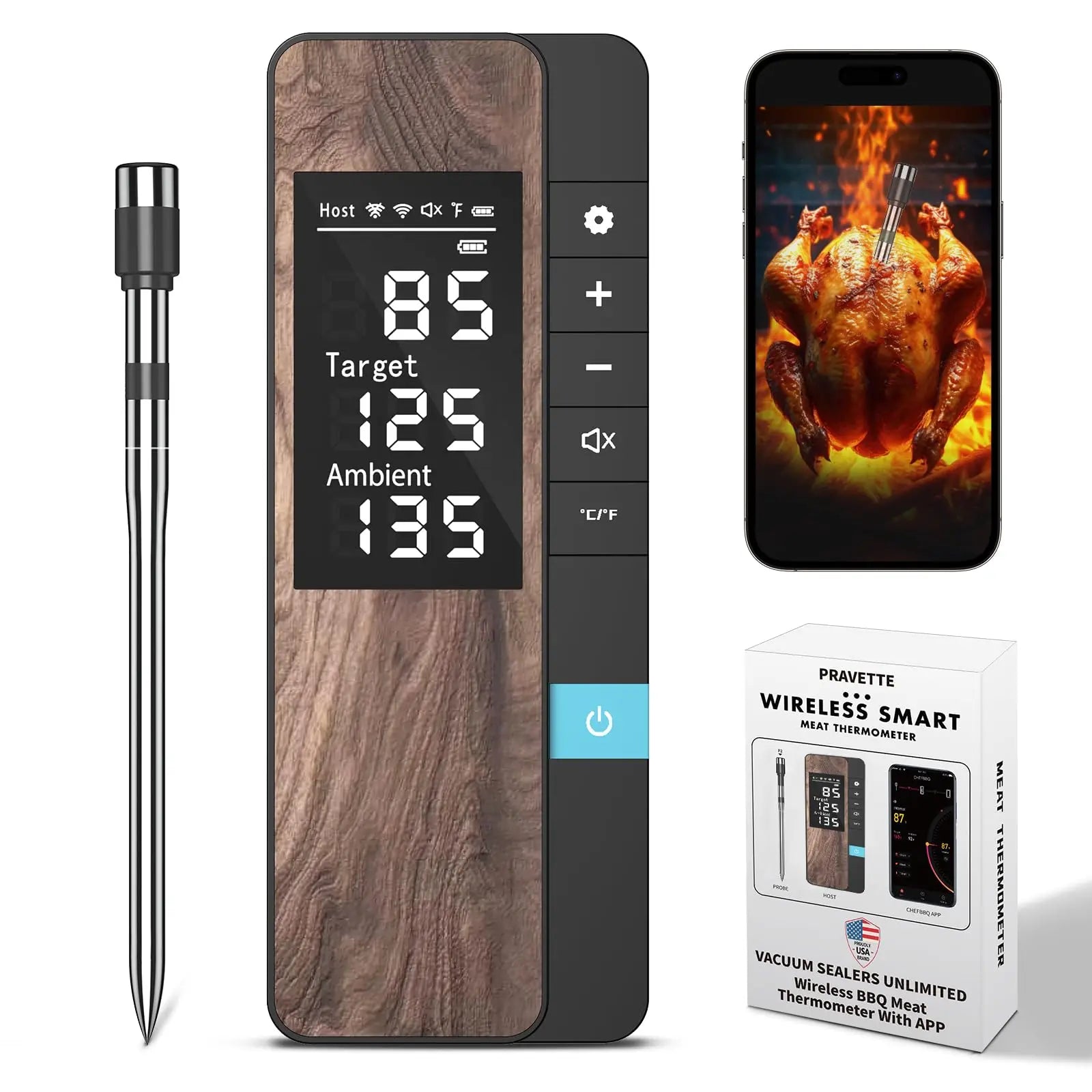 Wireless Meat Thermometer with App – Dual Probe Bluetooth BBQ & Oven Thermometer, Rechargeable, IP67, 150m Range