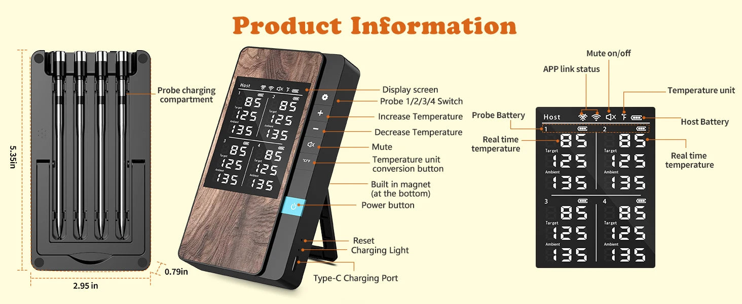 Wireless Meat Thermometer with App – Dual Probe Bluetooth BBQ & Oven Thermometer, Rechargeable, IP67, 150m Range