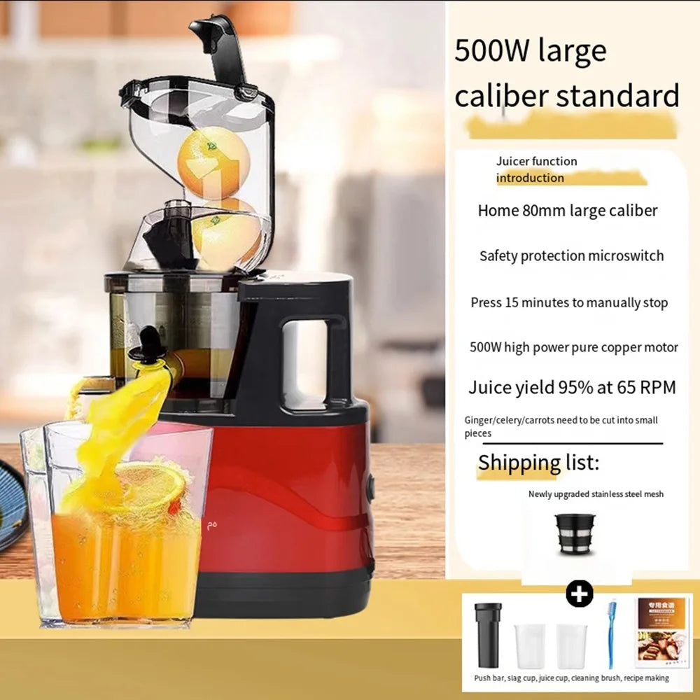 Slow Juicer Machine – Large Caliber Fruit & Vegetable Juice Extractor with Pulp Separator | Electric Juicer with Filter & Brush