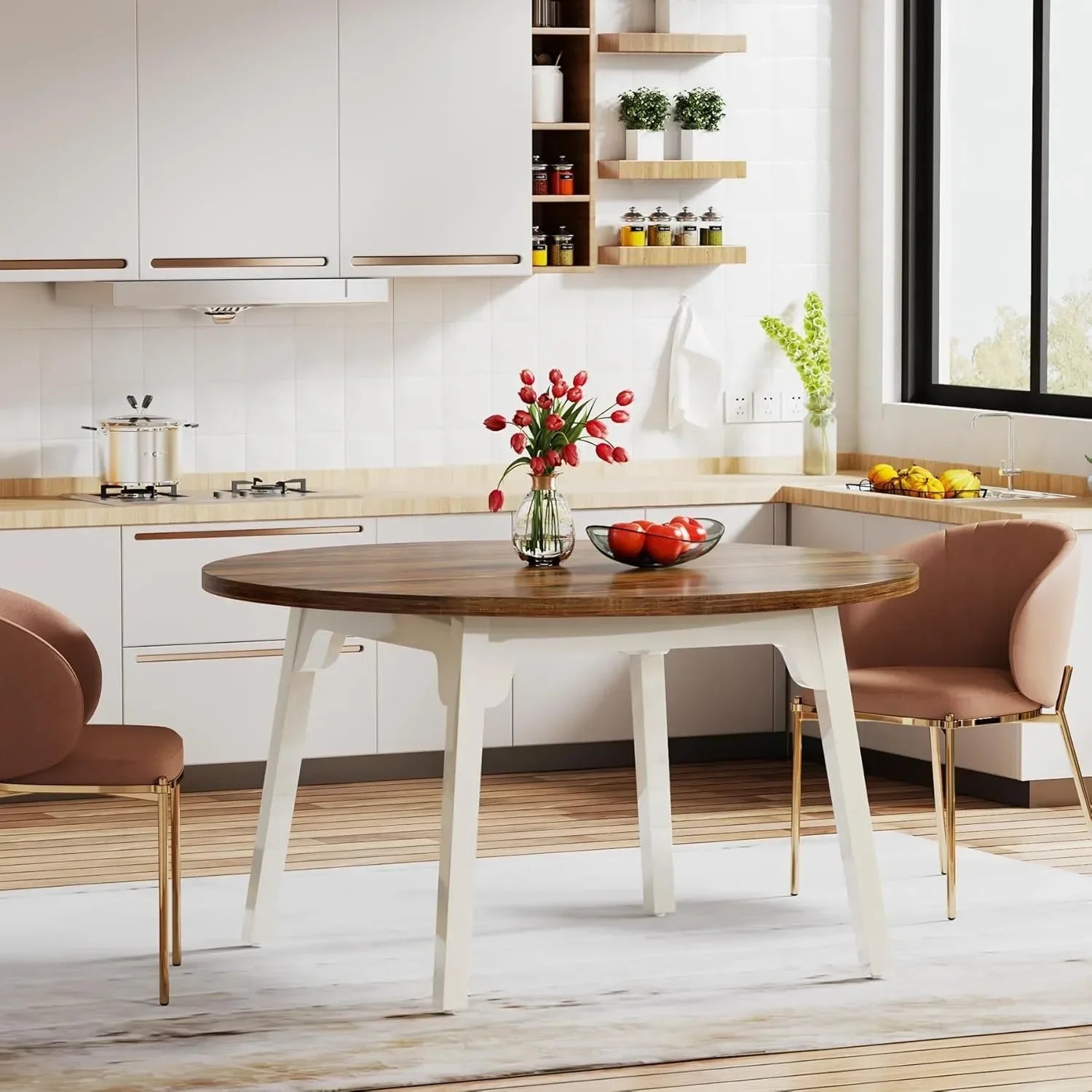 🍽️ Round Dining Table – Seats 4 to 6 | Solid Wood Legs | Vintage and Elegant Design