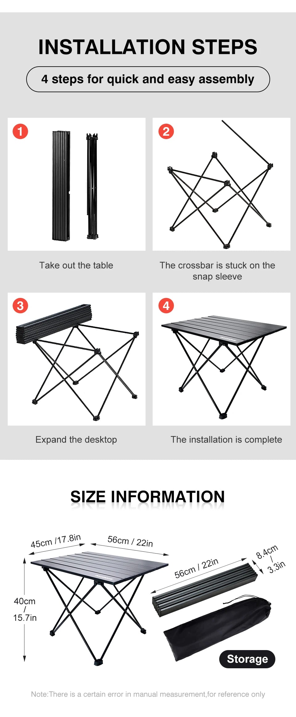 Ultralight Portable Camping Table – Foldable Aluminum Picnic Desk | 40x45x56 cm | Lightweight (1.3kg), Compact Carry Bag | For BBQ, Hiking, Outdoor Travel