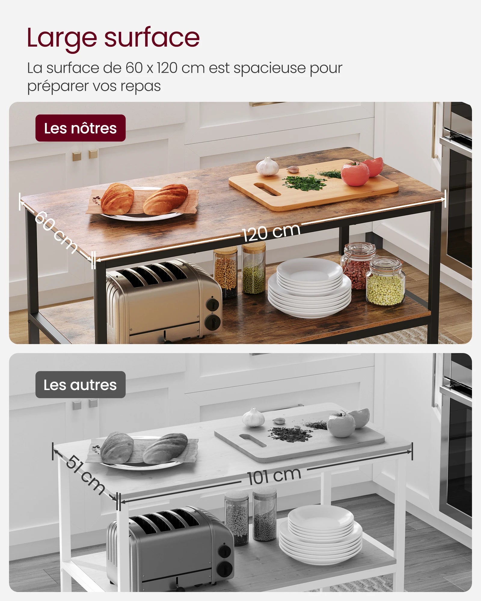 🍴 Rustic Industrial Kitchen Island – 3 Storage Tiers | 120 x 60 x 90 cm