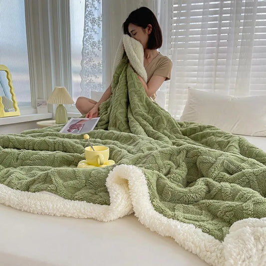Winter Blanket 3D Jacquard Double-sided Fluff Plush Double-layer Thickened Blanket Solid Color Colorfast Sofa Throw Blanket