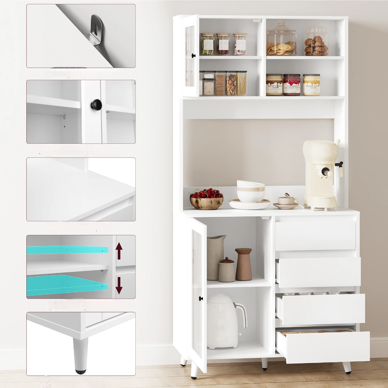 White kitchen sideboard with 4 drawers and glass doors 80x40x180cm