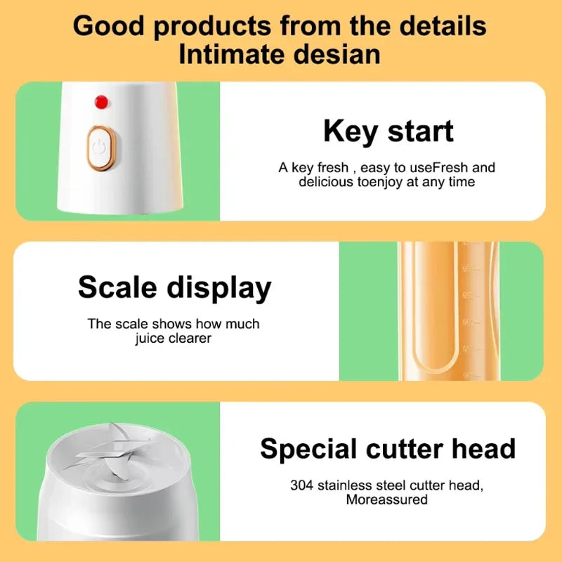 Portable Wireless Blender with Double Cups – 10-Blade High-Speed Juicer | 450ml | Rechargeable, Ice-Crushing, Baby Food & Smoothie Maker | White