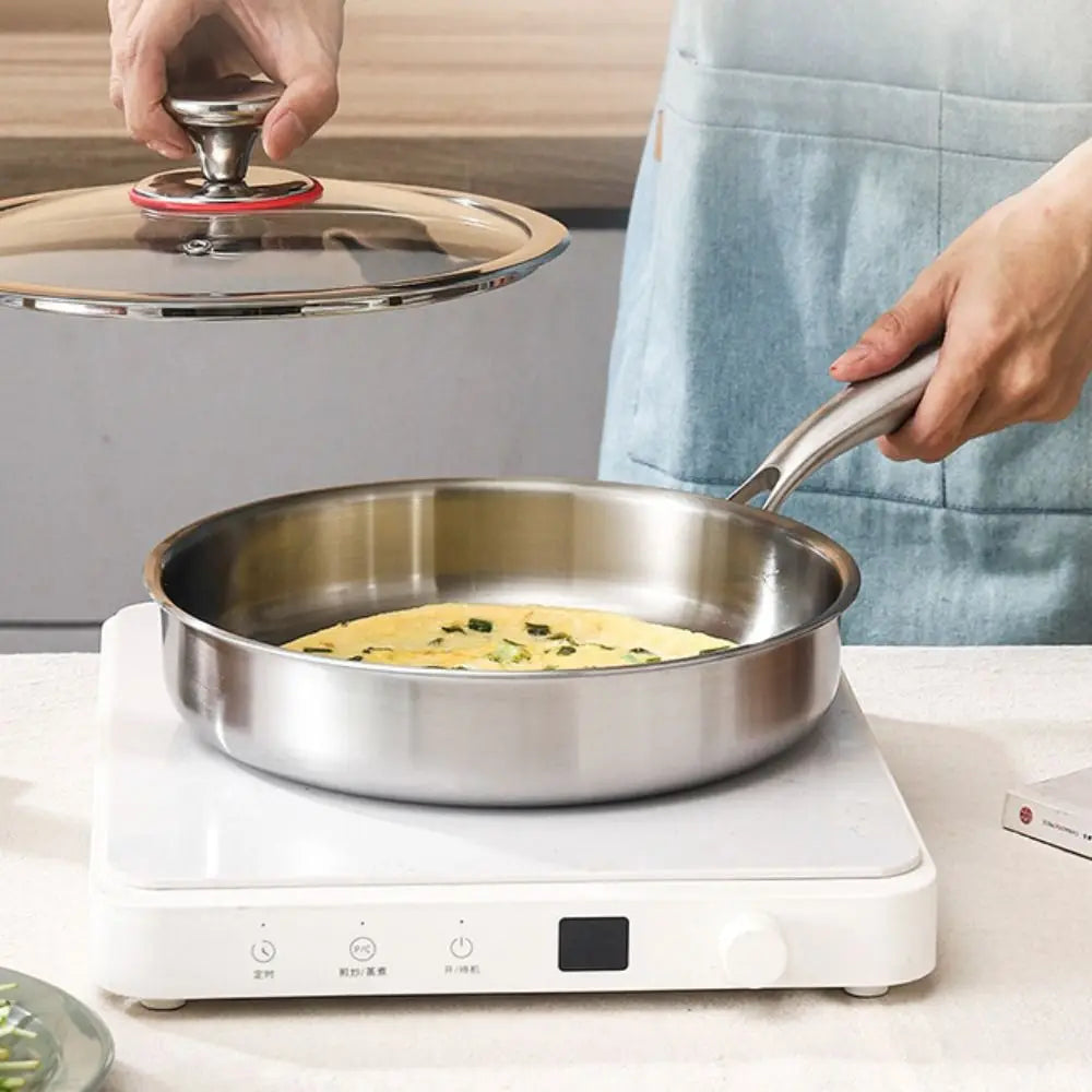 Stainless Steel Frying Pan – Uncoated Nonstick Skillet | Flat Bottom Saucepan for Gas & Induction