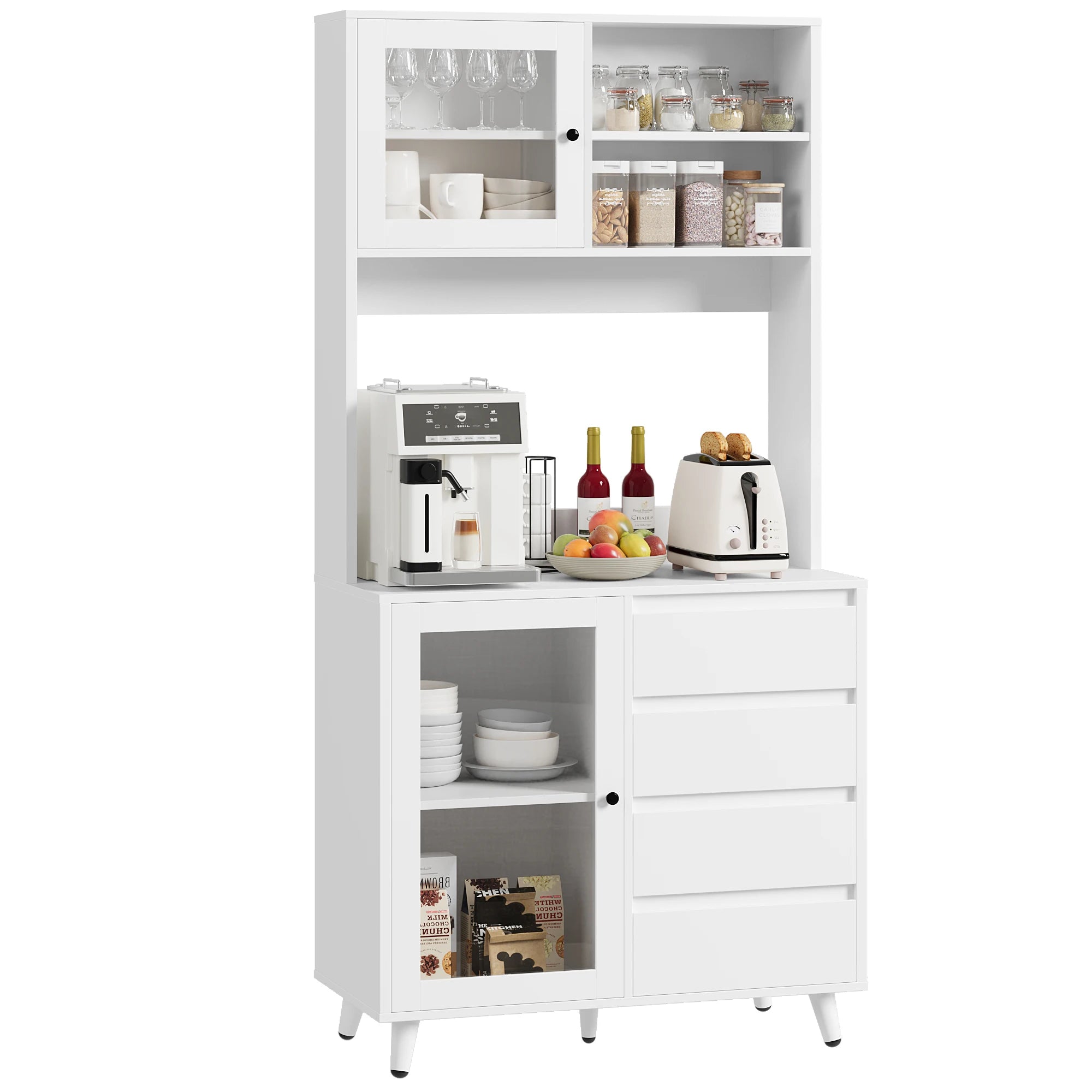 White kitchen sideboard with 4 drawers and glass doors 80x40x180cm