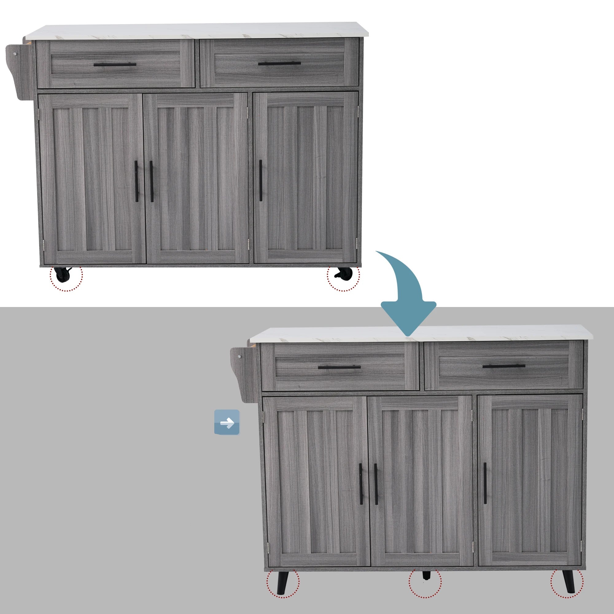 🚪 5-Wheel Kitchen Trolley – Khaki Grey Wood & Marble Top | 129 x 71 x 91.5 cm
