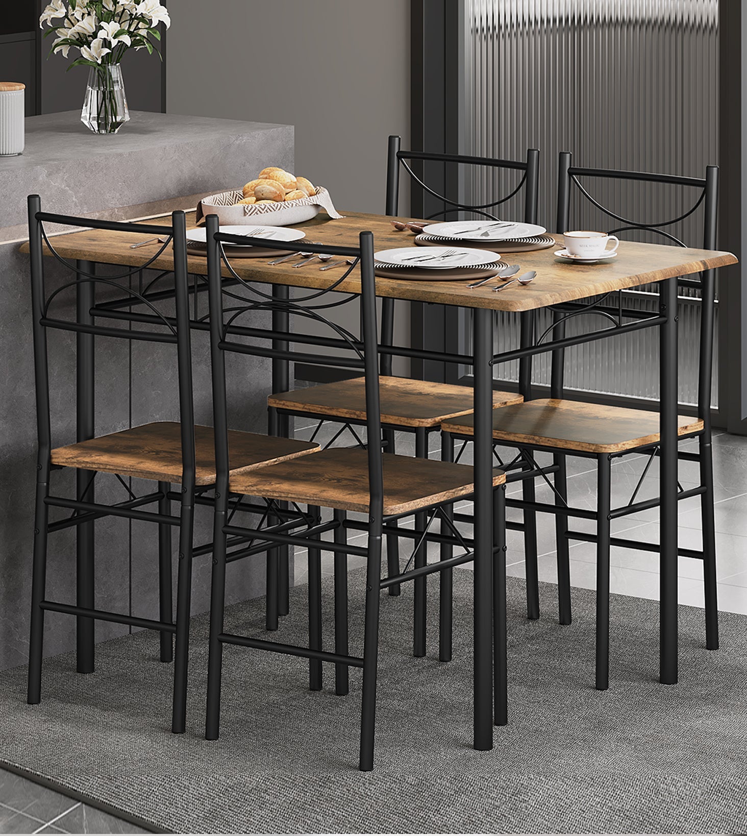 🍽️ Industrial Dining Table Set with 4 Chairs – 110 x 76 x 70 cm