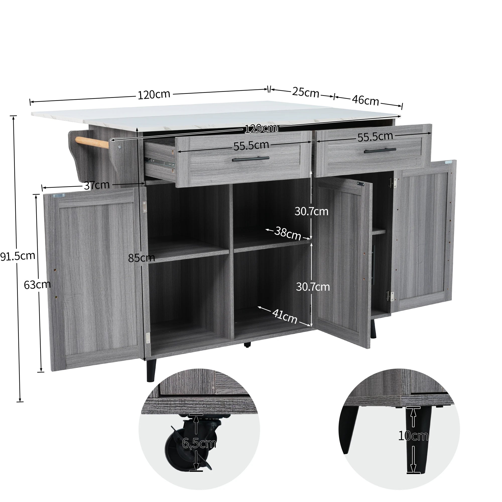 🚪 5-Wheel Kitchen Trolley – Khaki Grey Wood & Marble Top | 129 x 71 x 91.5 cm