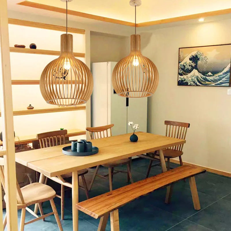Japanese wooden art birdcage restaurant chandelier retro new Chinese lantern homestay Zen inspired bedside lamp