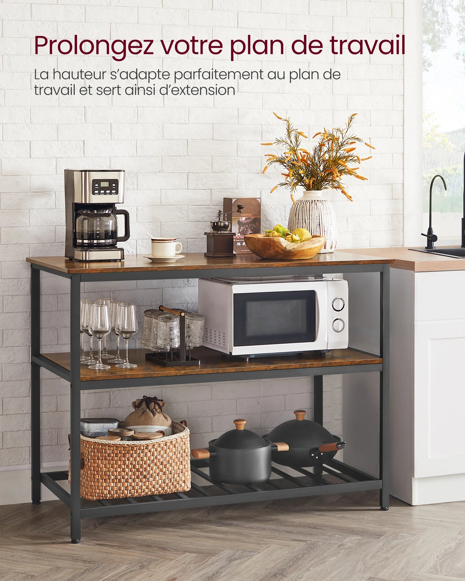 🍴 Rustic Industrial Kitchen Island – 3 Storage Tiers | 120 x 60 x 90 cm