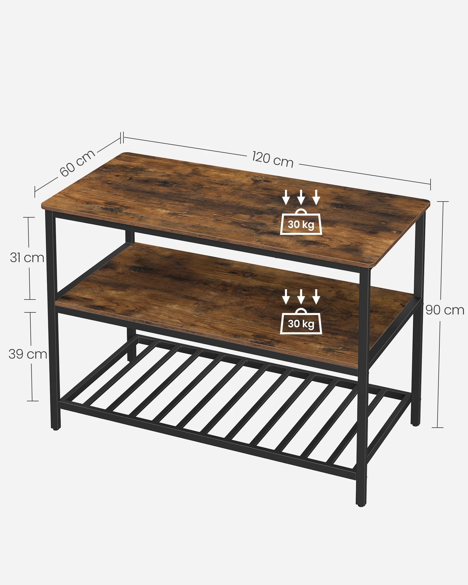 🍴 Rustic Industrial Kitchen Island – 3 Storage Tiers | 120 x 60 x 90 cm