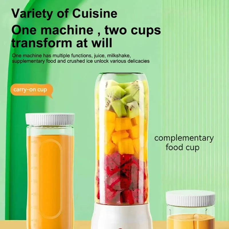 Portable Wireless Blender with Double Cups – 10-Blade High-Speed Juicer | 450ml | Rechargeable, Ice-Crushing, Baby Food & Smoothie Maker | White