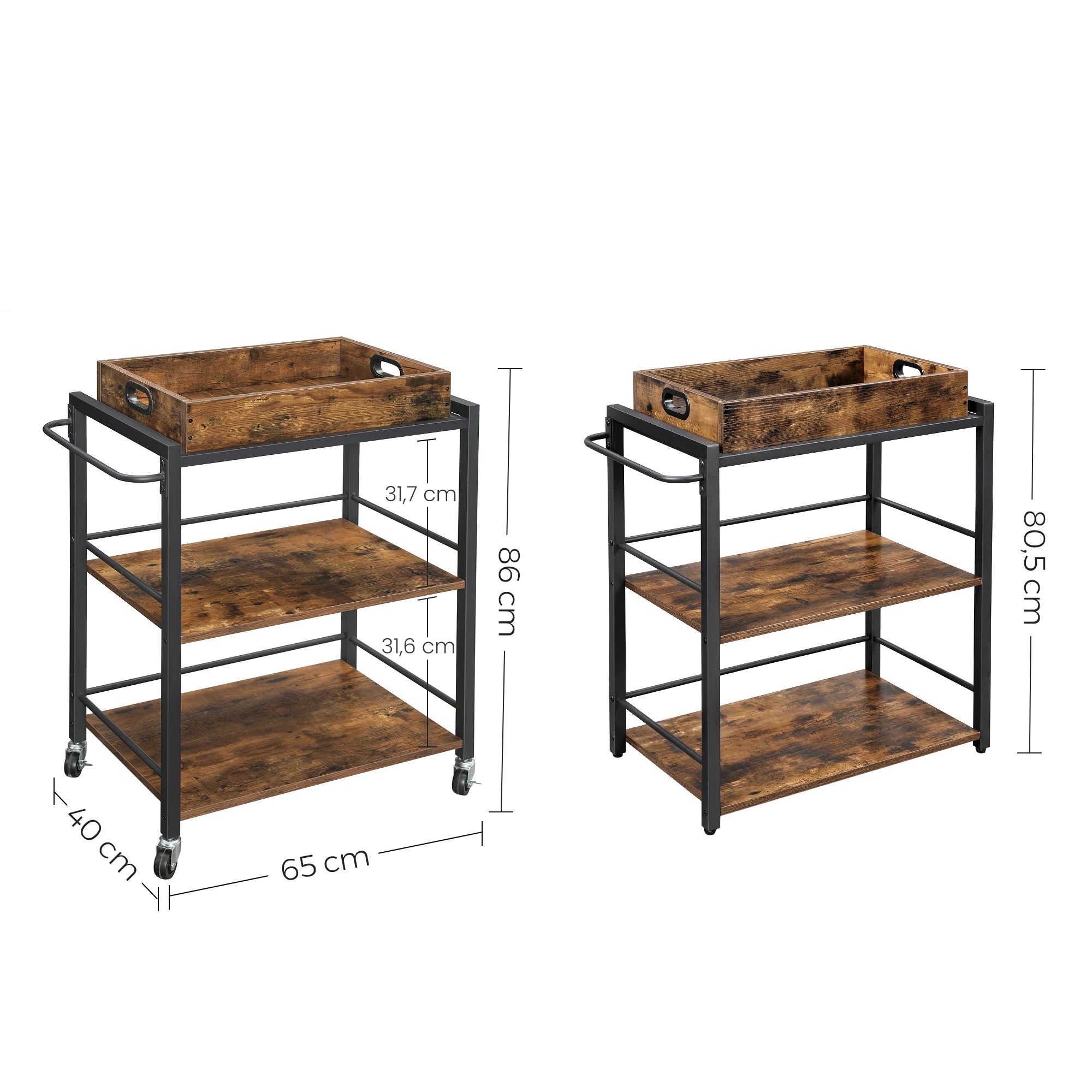 Industrial Style Rolling Kitchen Trolley with Removable Tray | 40 x 72 x 86 cm